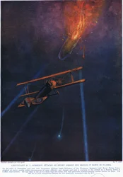 O tenente WL Robinson ataca um dirigível inimigo e o derruba, ilustração de "Deeds that thrill the Empire", publicado por Hutchinson und Co., c.1920